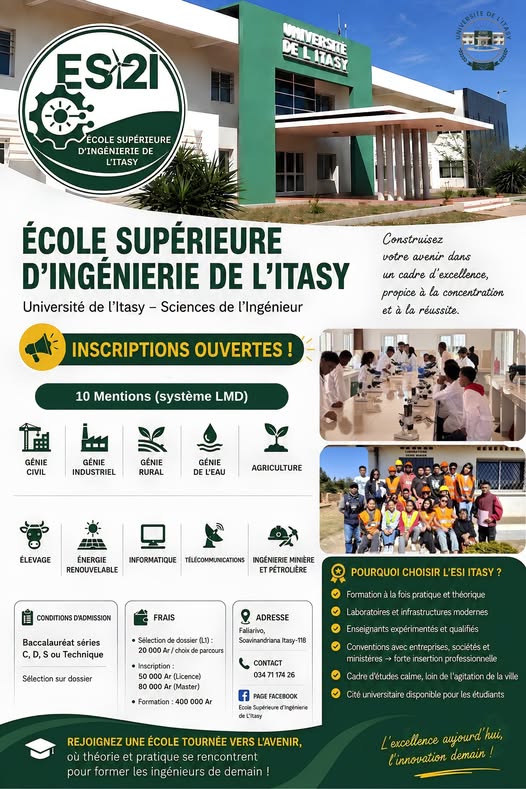 C'EST LE MOMENT DE CONSTRUIRE VOTRE FUTUR !  L'École Supérieure d'Ingénierie de l'Itasy(ES2I) vous attend